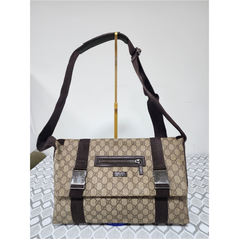 GUCCI GG Plus Monogram Double Buckle Flap Messenger Bag Beige/Brown